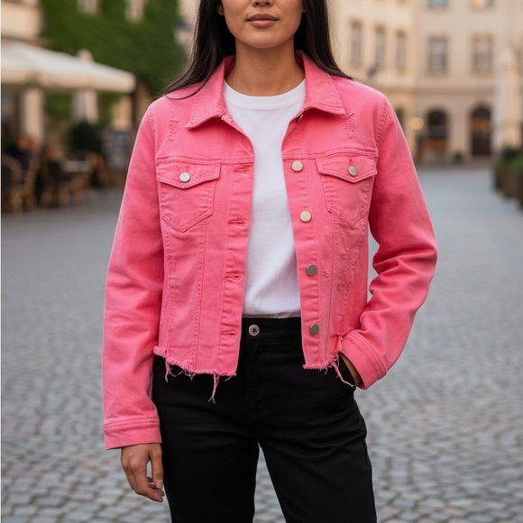 Risen Los Angeles Jackets & Blazers - Risen Medium Neon Coral Pink Raw Distressed Hem Denim Gemma Jacket Yeehaw C